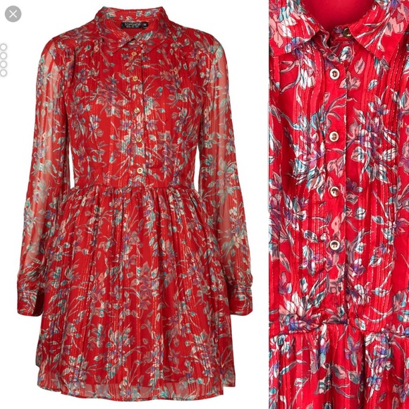 Topshop Long Sleeve Pleated Printed Red Dress - Picture 2 of 7
